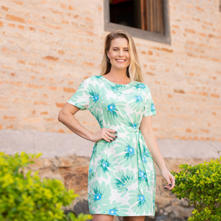 Vestido curto feminino soltinho manga curto estampado com cinto plus size 2058