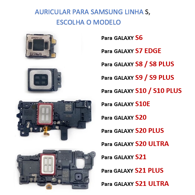 Alto Falante Auricular Galaxy S6 / S7 Edge / S8 / S9 / S10 / s10e / S20 PLUS / S21 ULTRA / S22 / S22 PLUS / S22 Ultra / S23 Plus