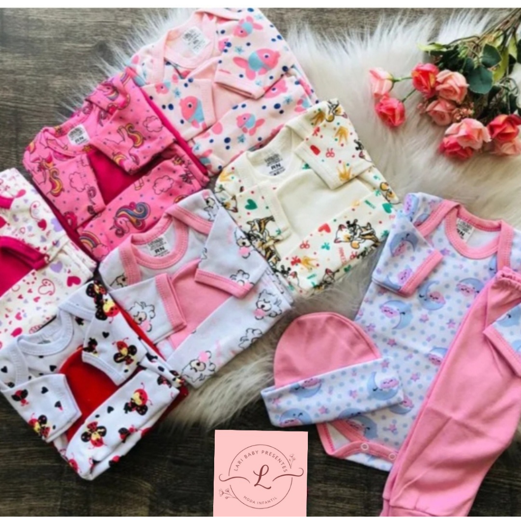Conjunto bebe menina RN a M - Pagão luxo sortido: 1 body manga longa estampado, 1 calça/mijão e 1 touca