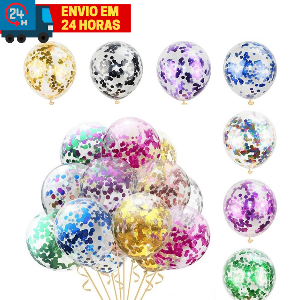 Kit De 5 Ou De 10 Balão Cristal Transparente N9 Com Confete 10 mm Colorido, Festas e Decoração.