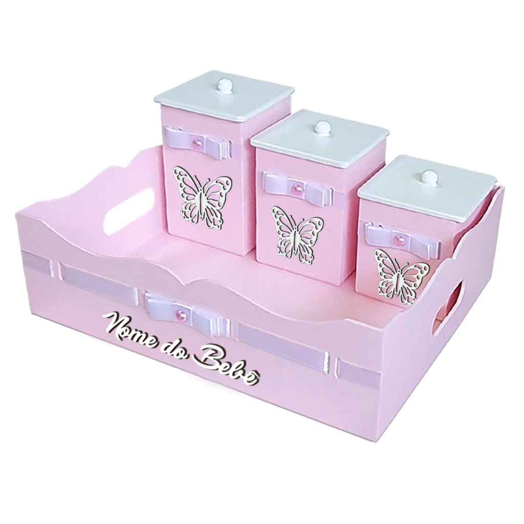 Kit Bebê Organizado em Madeira MDF Tema Borboleta Personalizado com nome