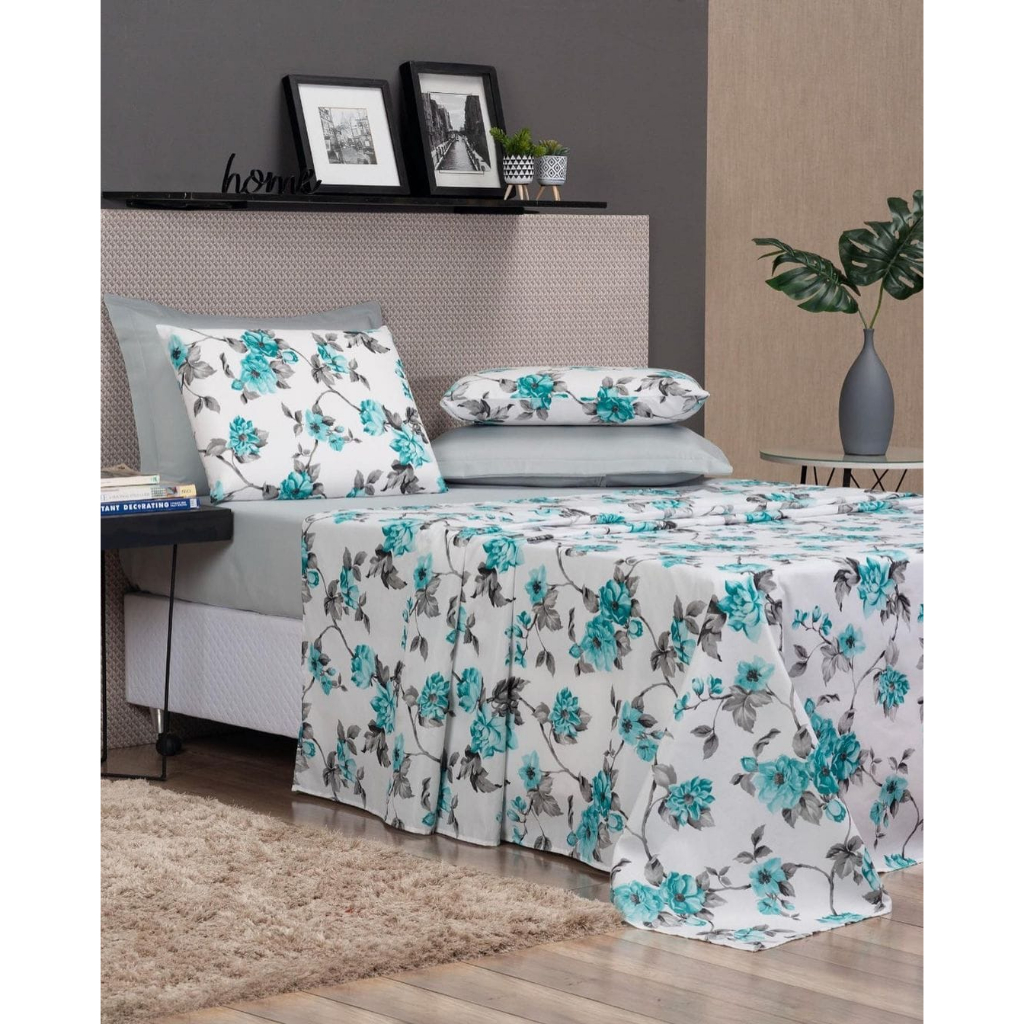 Lençol Casal Padrão 4 Peças Cama Box Completo Estampados / Jogo de Cama Casal Micropercal 170 Fios