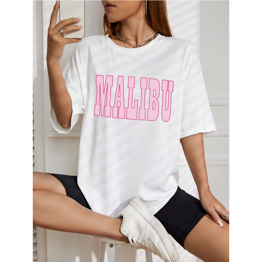 Camiseta Malibu Palm Beach Rosa Oversized Manga Curta Praia Casual Tumblr Fashion Vibe