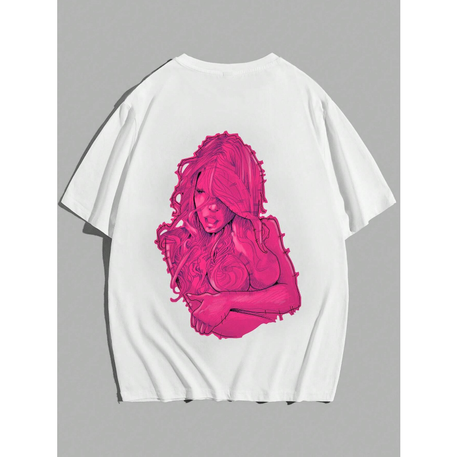 Camiseta Mulher Rosa Estampa Mulher Pink Desenho Streetwear Manga Curta Ombro Caido Aesthetic Oversized