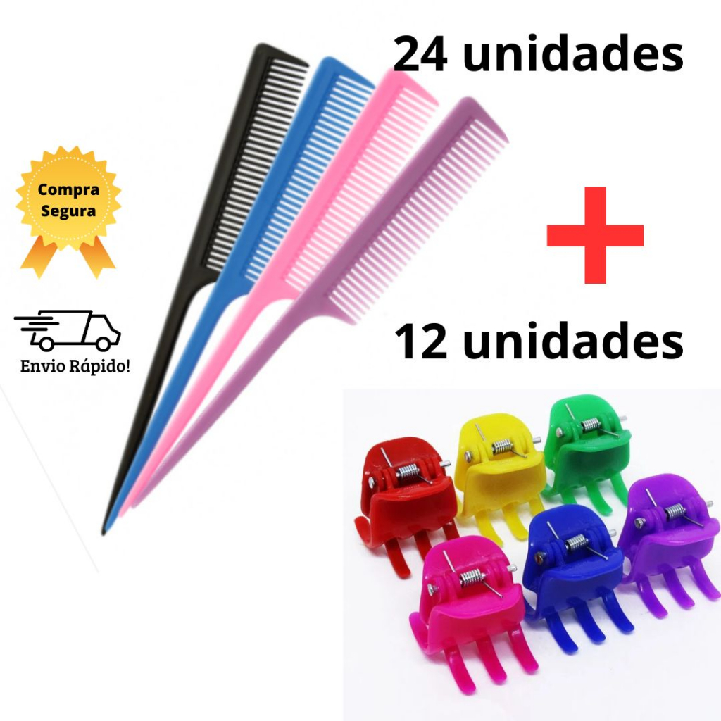 Kit Pente de Cabelo Plástico Cabo Fino com 24 Unidades e Piranhas Médias Prendedor de Cabelo com 12 unidades
