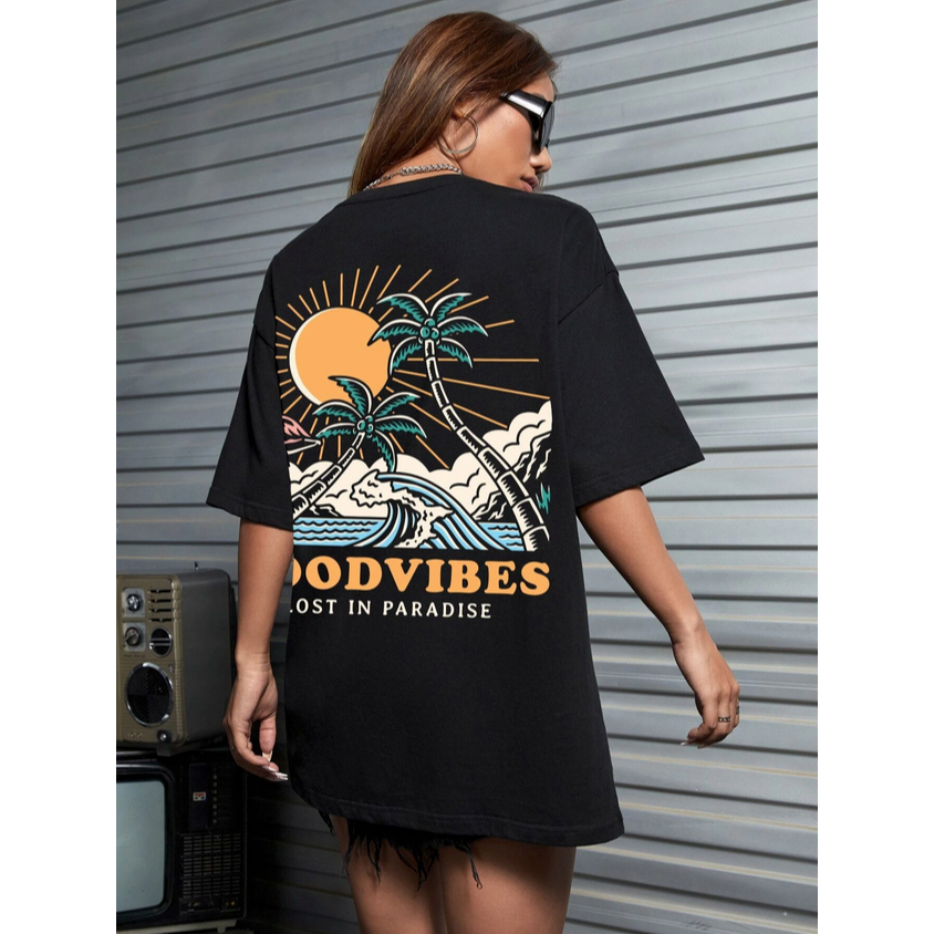 Camiseta Lost In Paradise Good Vibe Oversized Manga Curta Praia Casual Summer Style