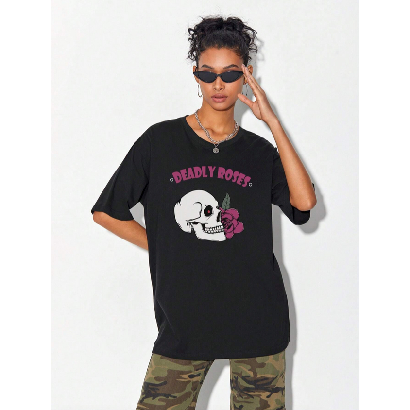 Camiseta Floral Roses Deadly Caveira Skull Streetwear Gothica Oversized Ombro Caido Unissex