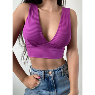 Cropped Decote V Profundo com Bojo Top Canelado em Oferta na Shopee