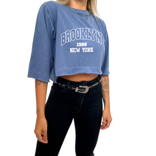 Cropped Algodão Brooklyn Premium Moda Blogueirinha Manga Curta Oversized Estilo Academia