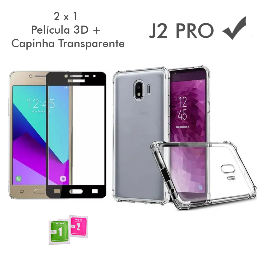 Capa Texturizada Capa Case Capinha Anti Shock transparente Samsung Galaxy J2 PRO + Película Vidro 3D