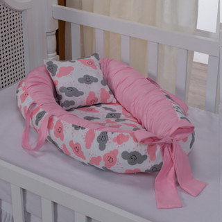 Ninho Redutor Berço Bebe 100% Micropercal + Almofada Anatômica Nuvem Rosa