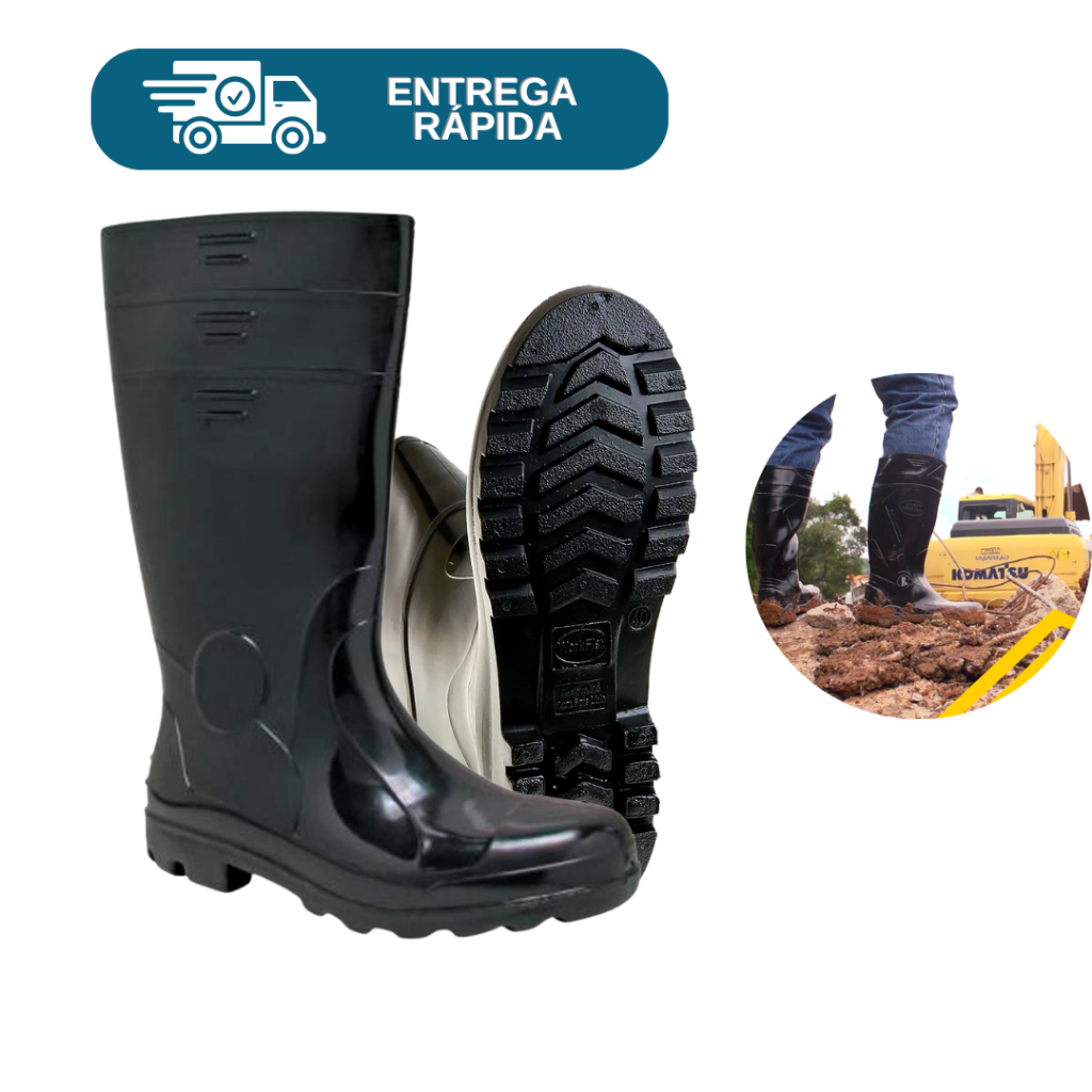 Bota De Pvc Borracha Cano Longo Preta Sem Forro Galocha Impermeável Lavagem Chuva em Oferta na Shopee