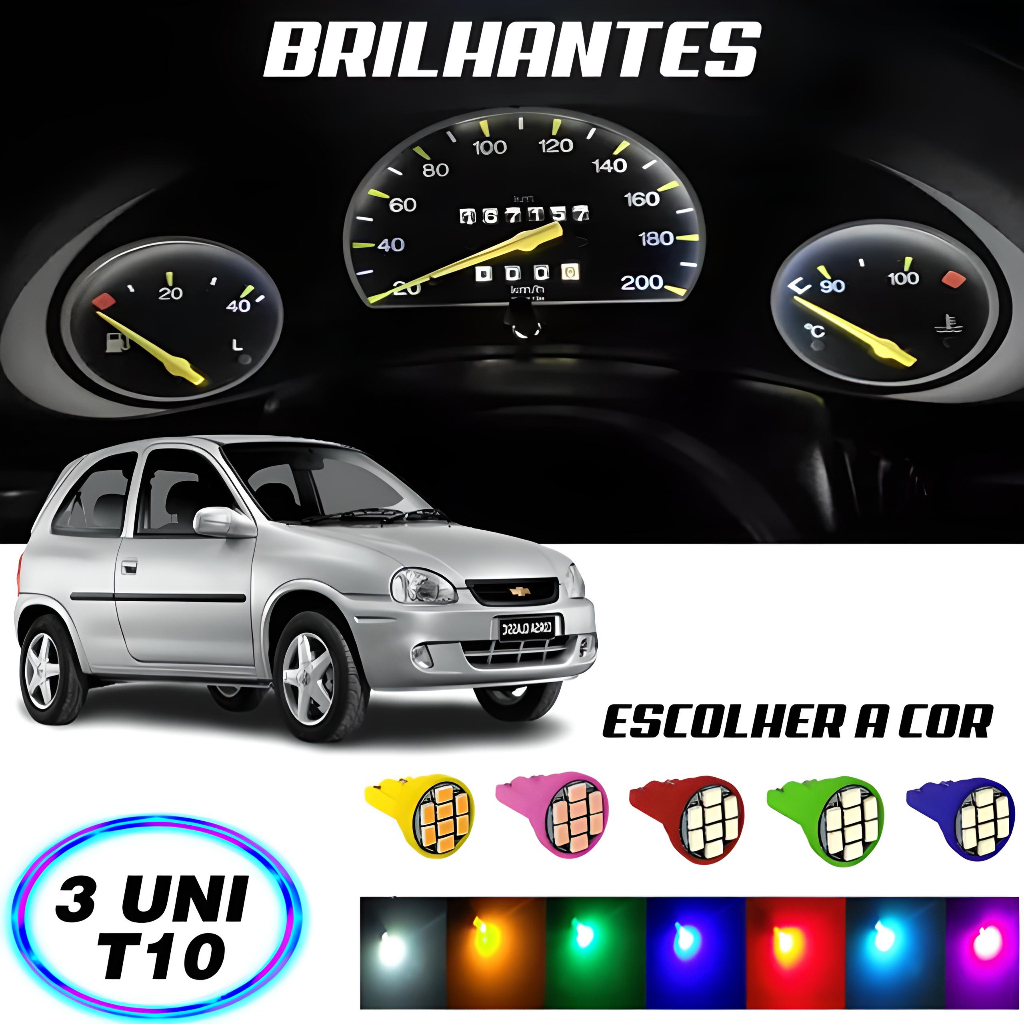 Led Painel Corsa Wind Led pingo T10 Azul Branco 3 Peças Efeito Xenon