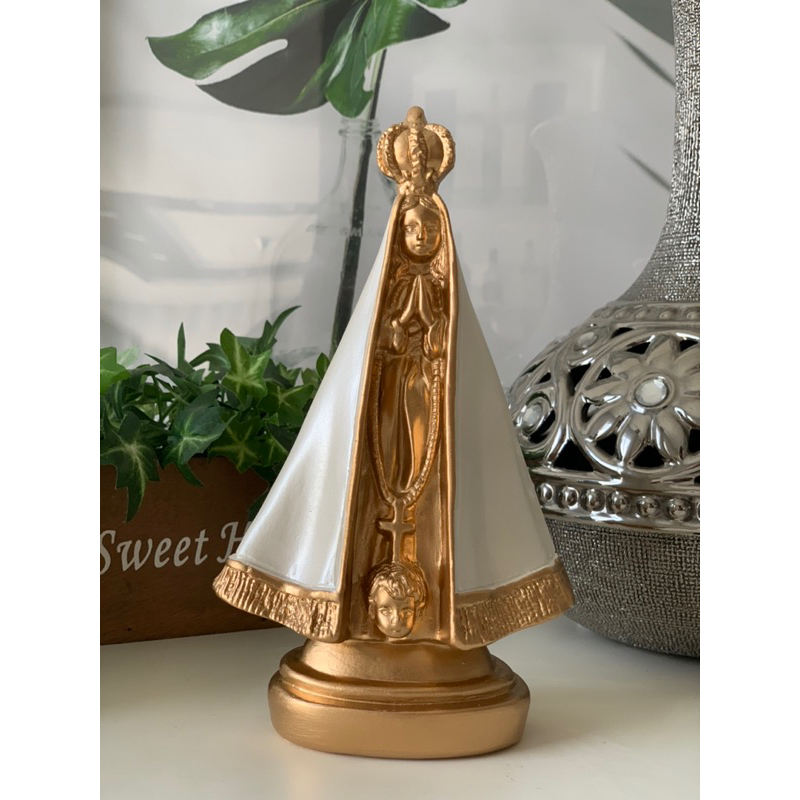 nossa senhora aparecida 20 cm imagem gesso branco perolado metalizado dourado