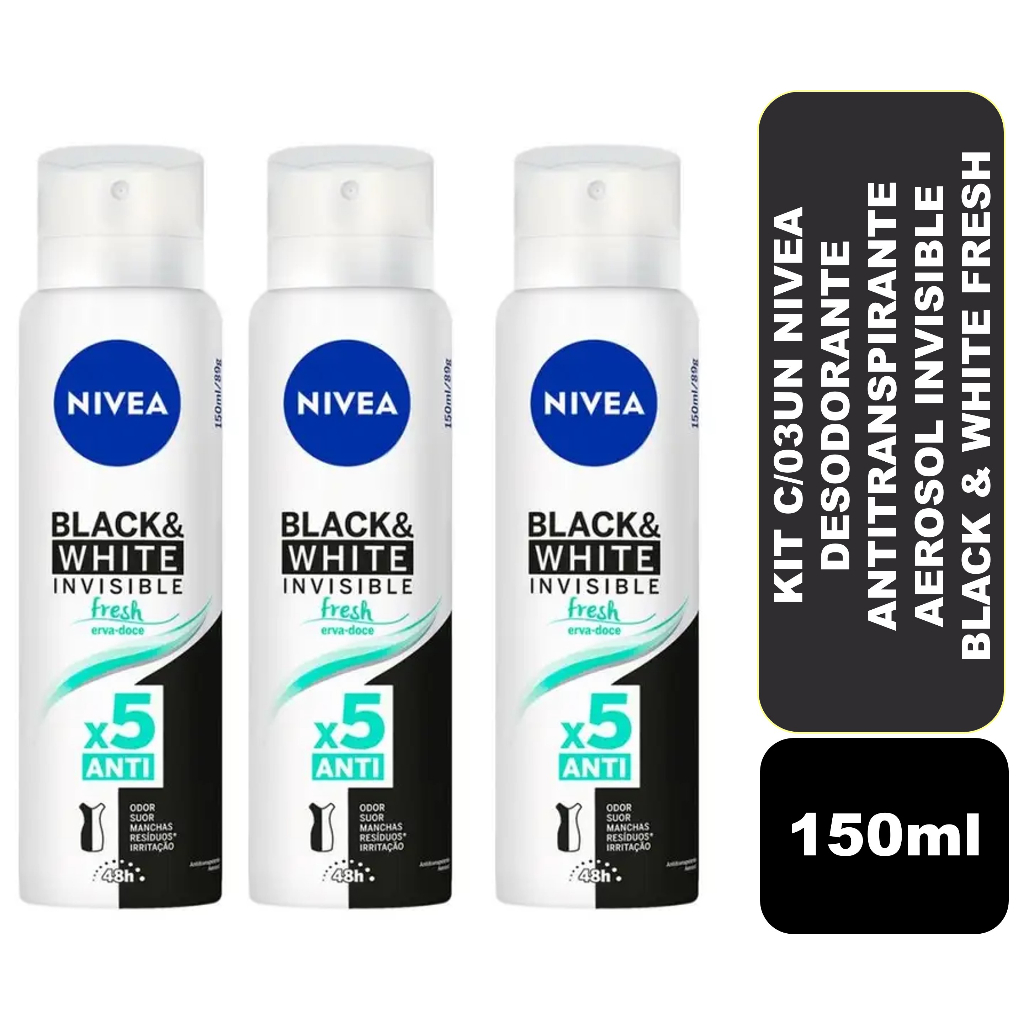 Kit com 03un Nivea Desodorante Antitranspirante Aerosol Invisible Black & White Fresh150ml