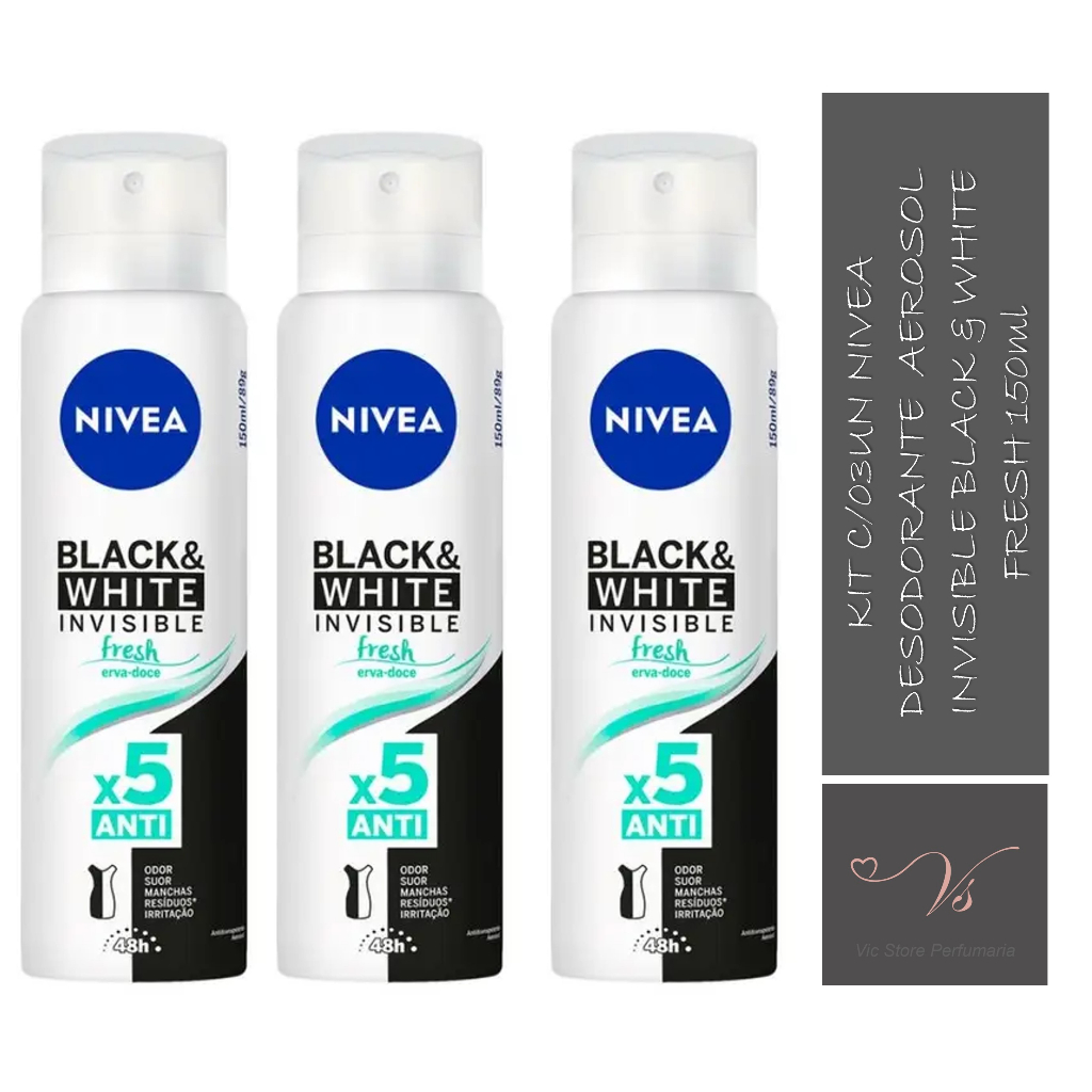 Kit com 03un Nivea Desodorante Antitranspirante Aerosol Invisible Black & White Fresh150ml