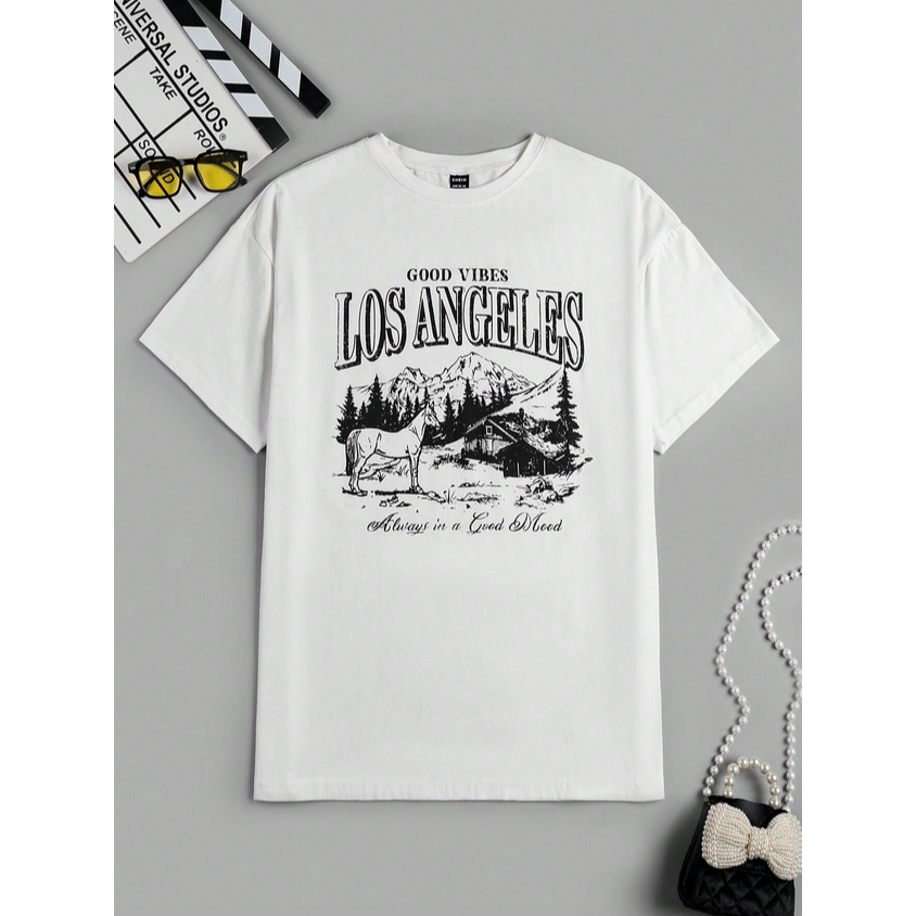 Camiseta Good Vibes Los Angeles Oversized Manga Curta Ombro Caido Streetwear Unissex Style Top
