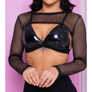 Kit Cropped vinil+Top arrastão tendência moda blogueira sensual com bojo estiloso festival