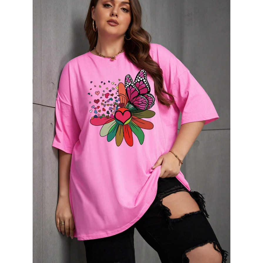 Camiseta Flor Colorida Borboleta Coração Oversized Feminina Manga Curta Básica