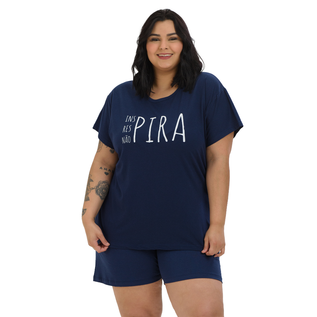 Conjunto Pijama Verão Feminino EXTRA Plus Size Curve Curve+ De Algodão Inspira Azul Envio Imediato