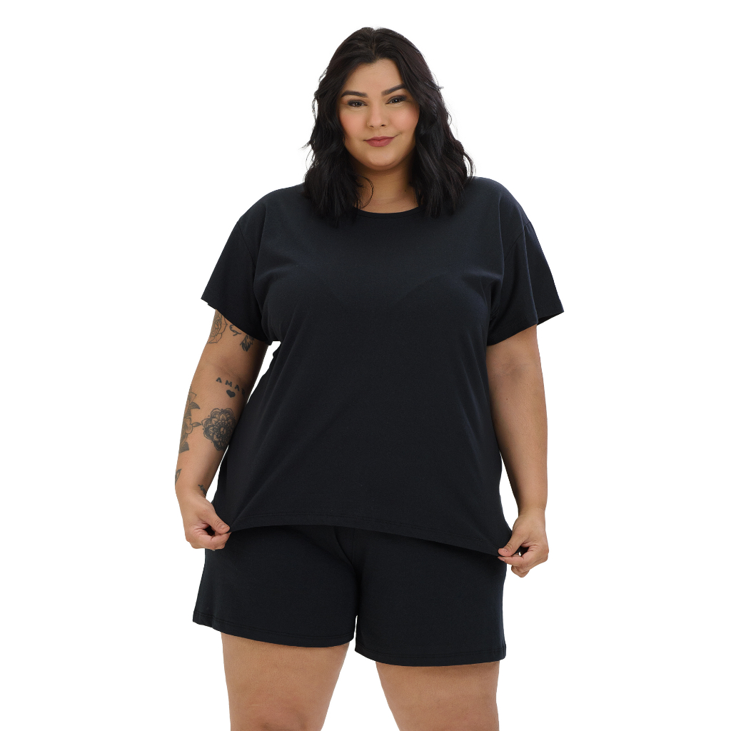 Conjunto Pijama Verão Feminino EXTRA Plus Size Curve Curve+ De Algodão Básico Preto Envio Imediato