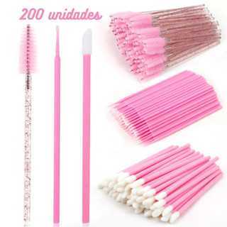 Kit 200 Escovinhas + 200 Microbrush + 200 Aplicador Cotonete Alongamento Cilios