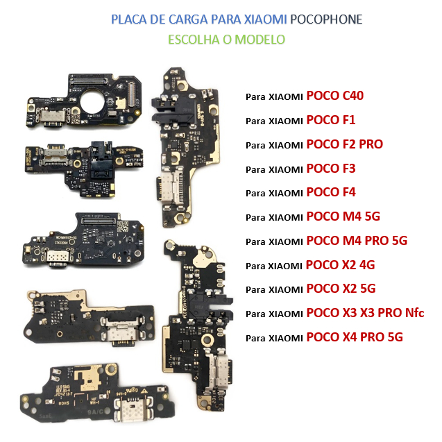Placa Conector de Carga Flex Microfone Xiaomi Poco F1 / F2 / F3 / F4 / C40 / M3 / M4 / X2 / X3 / X4 Dock Turbo Carga Rápido