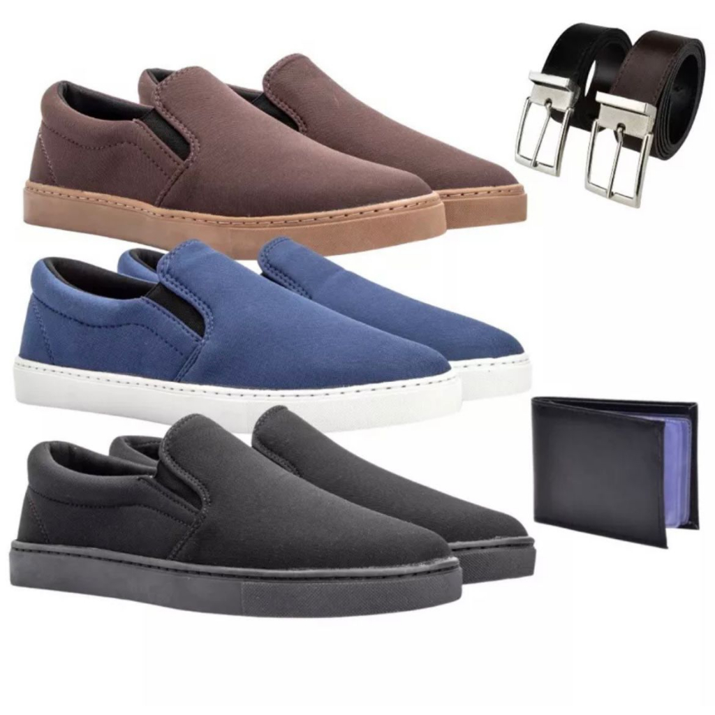 Kit 3 Pares Tênis Casual Slip On Masculino Sapatenis Iate Sem Cadarço Confortável + Carteira e Cinto