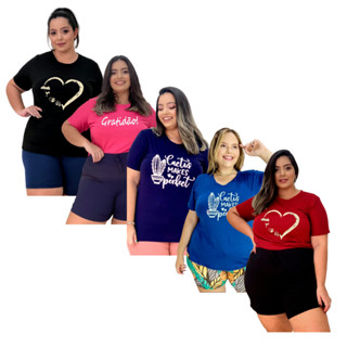 Kit 5 Camisetas Plus Size T-Shirt Feminina De Malha Suede Com Silk Tamanhos Grandes do 48 ao 60