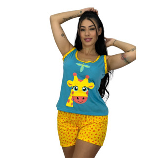 Baby Dol Regata Feminino Verão Curto Camiseta Girafa Oferta Personagens
