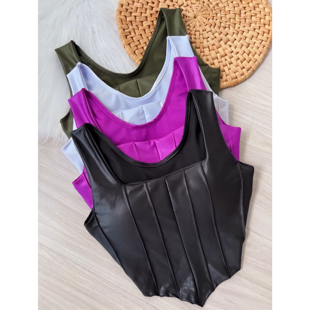 Blusa Cropped Feminino Regata Retro Couro Fake Preto Top Corset Crooped Corselet Alcinha Com Bojo