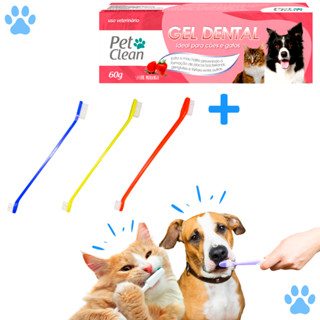 Kit Escova De Dente Dupla Cores Sortidas Para Cachorro e Gato + Gel Dental Pet Clean 60g