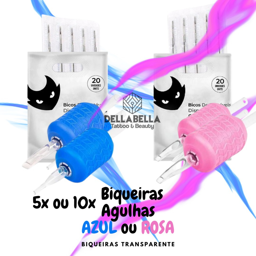 Kit 5und/10und Agulhas Aston e 5und/10und Biqueiras Transparente Electric Ink Tatto Tatuagem