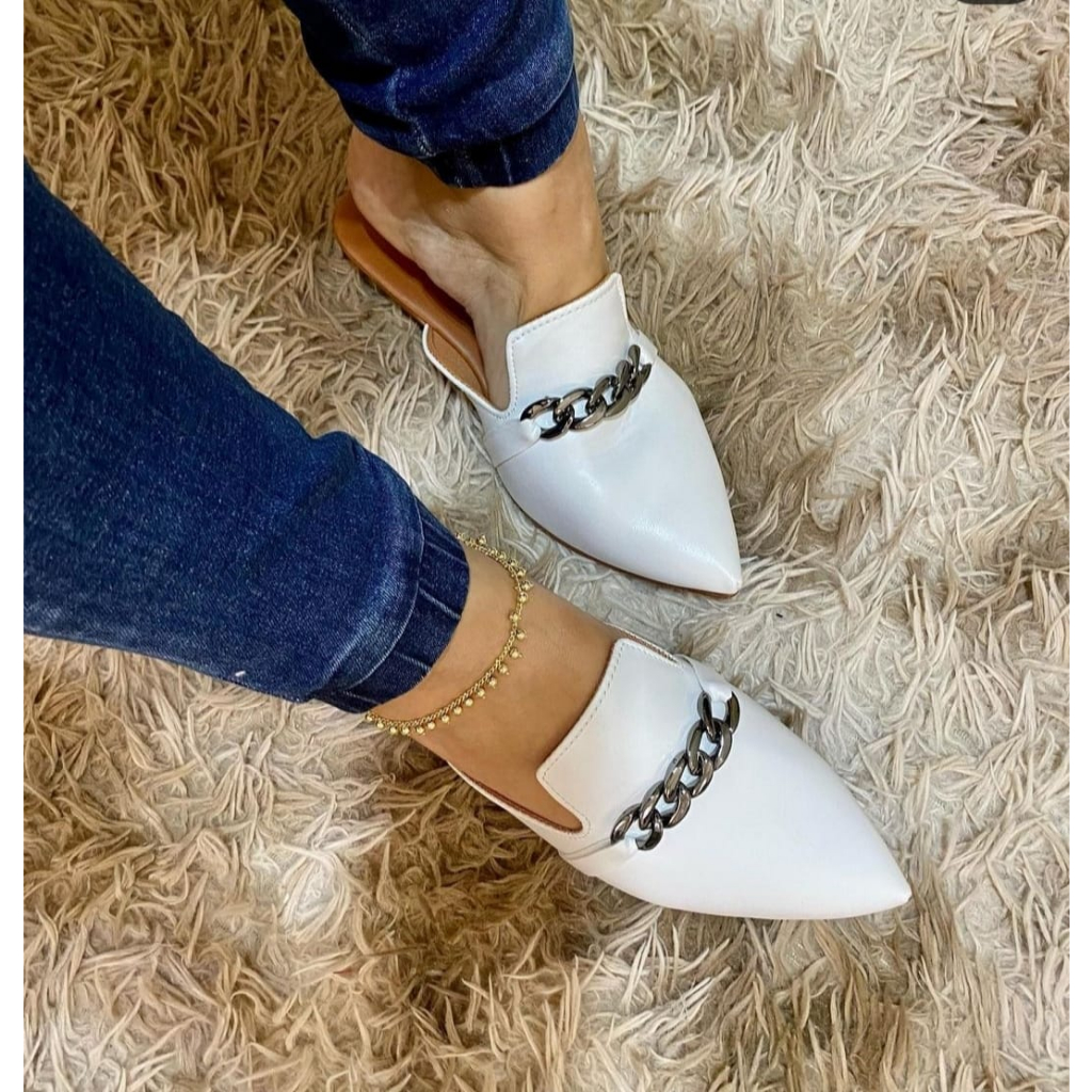 Muller Feminino Mule Sapatilha Bico Fino Detalhe Corrente Original plena em Oferta na Shopee