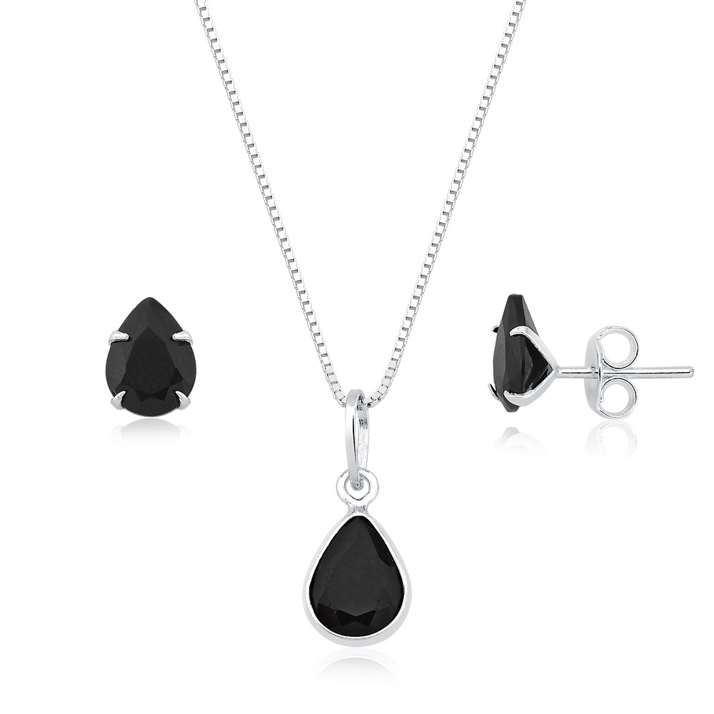 Conjunto Colar E Brinco Gota Prata 925 Zirconia Preta