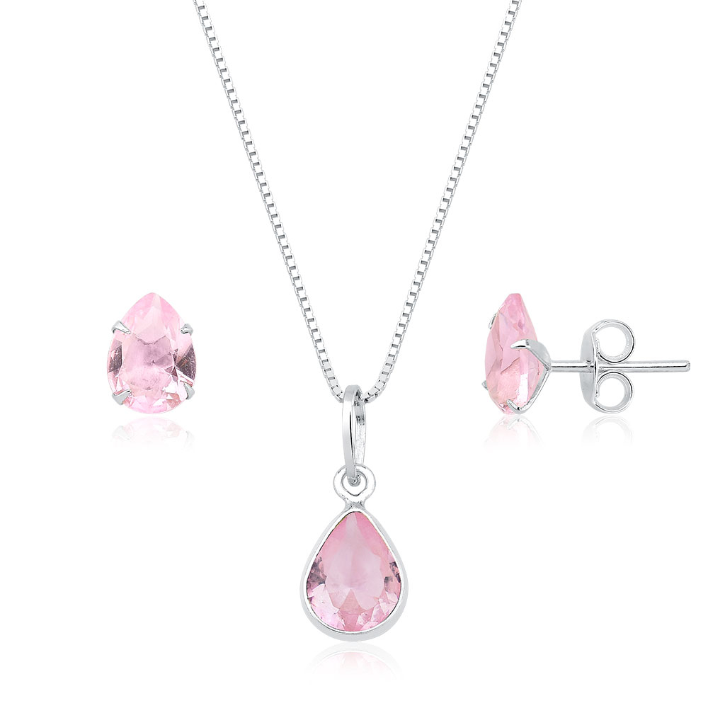 Kit brinco e colar gota ponto de luz rosa claro prata 925 - Fashion Accessories