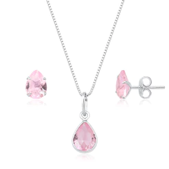 Kit brinco e colar gota ponto de luz rosa claro prata 925