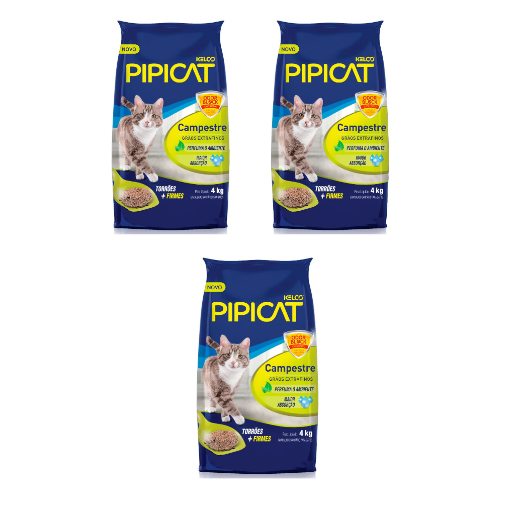 Kit 3 Areia Higiênica Pipicat Campestre Grãos Extra Finos 4 kg