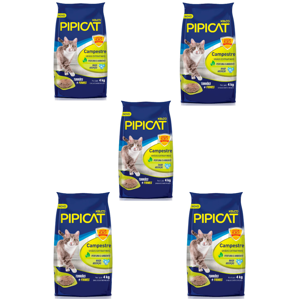 Kit 5 Areia Higiênica Pipicat Campestre Grãos Extra Finos 4 kg