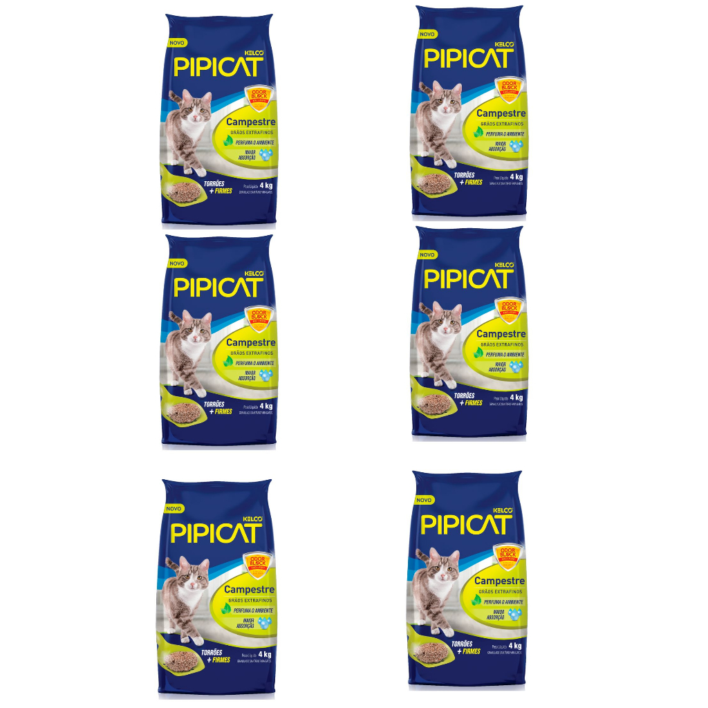 Kit 6 Areia Higiênica Pipicat Campestre Grãos Extra Finos 4 kg