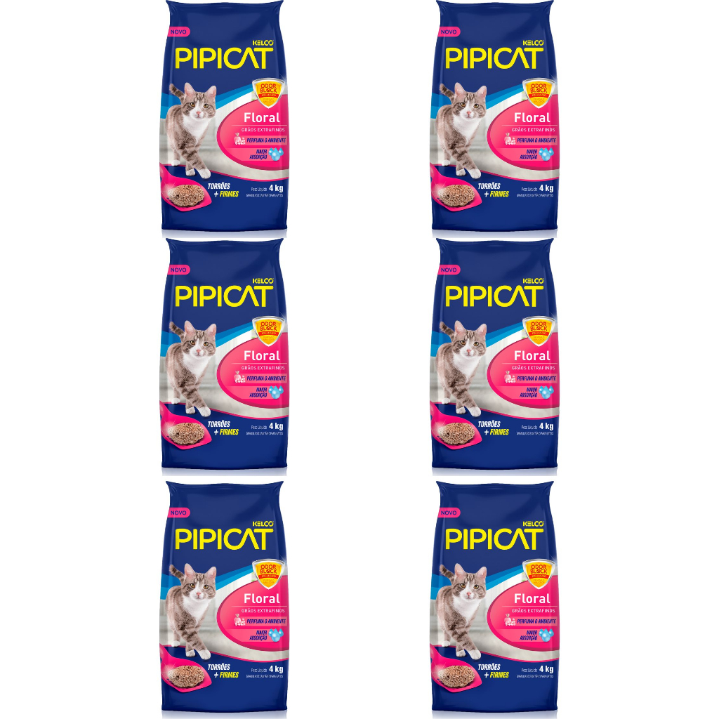 Kit 6 Areia Higiênica Pipicat floral Grãos Extra Finos 4 kg