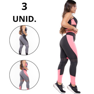 Kit 3 Conjunto Feminino Fitness Academia Calça Legging + Top Sem Bojo Tela Cross Training