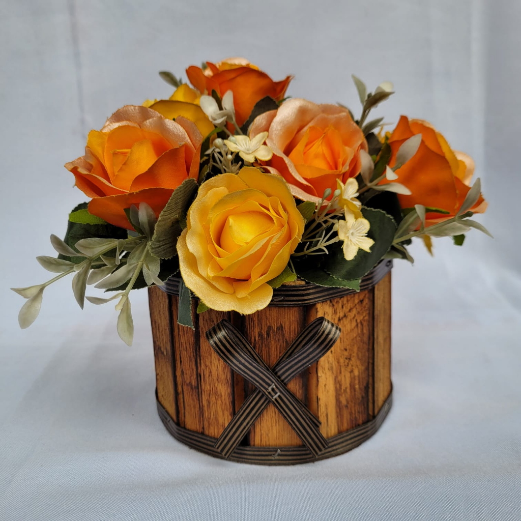 Vaso Cachepô 15x15cm Crisântemo Redondo com Laço em Madeira