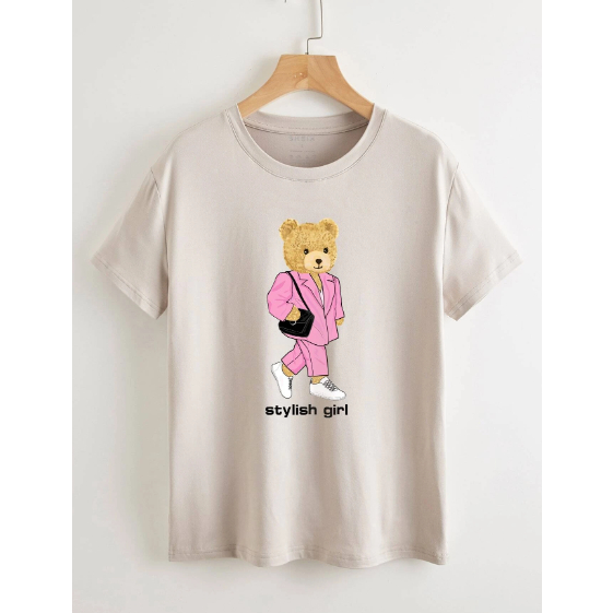 Camiseta Shopping Urso Bolsa Oversized Feminina Manga Curta Streetwear Aesthetic Style