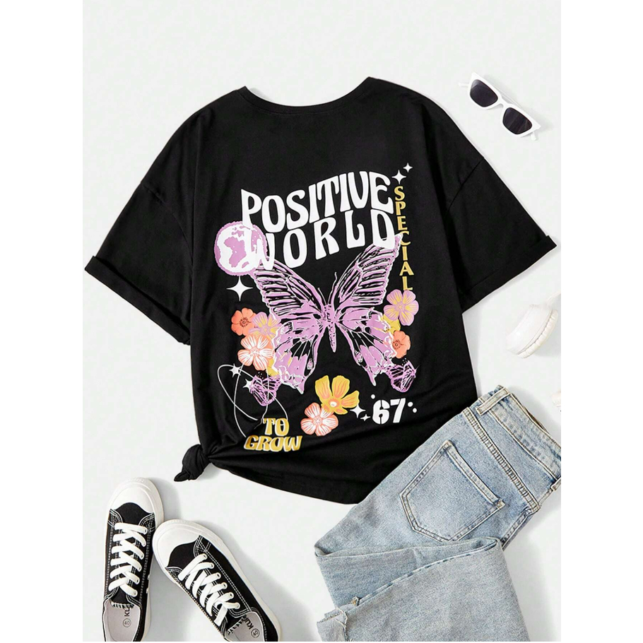 Camiseta Positive World Estampa Mundo Positivo Borboleta Flores Manga Curta Unissex