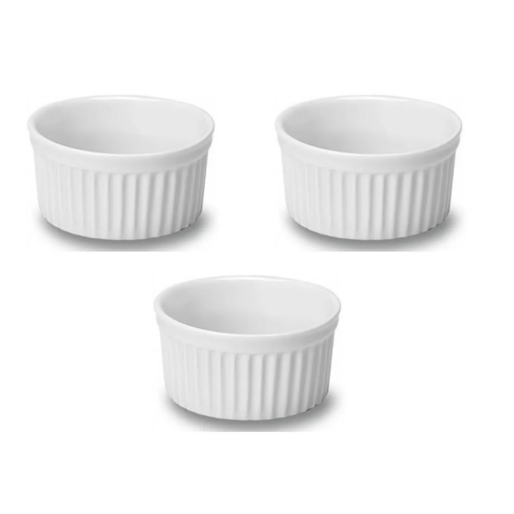 Kit 3 Ramekin Grande Porcelana Canelado 210ml Restaurante Buffet Microondas Ramequim Bowl