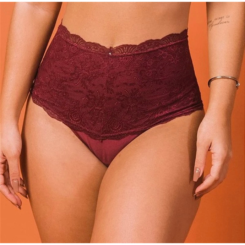 Kit 2 Calcinha Íris Tala Alta Algodão e Renda Forrada Comprime a Barriga Modeladora Ref:301
