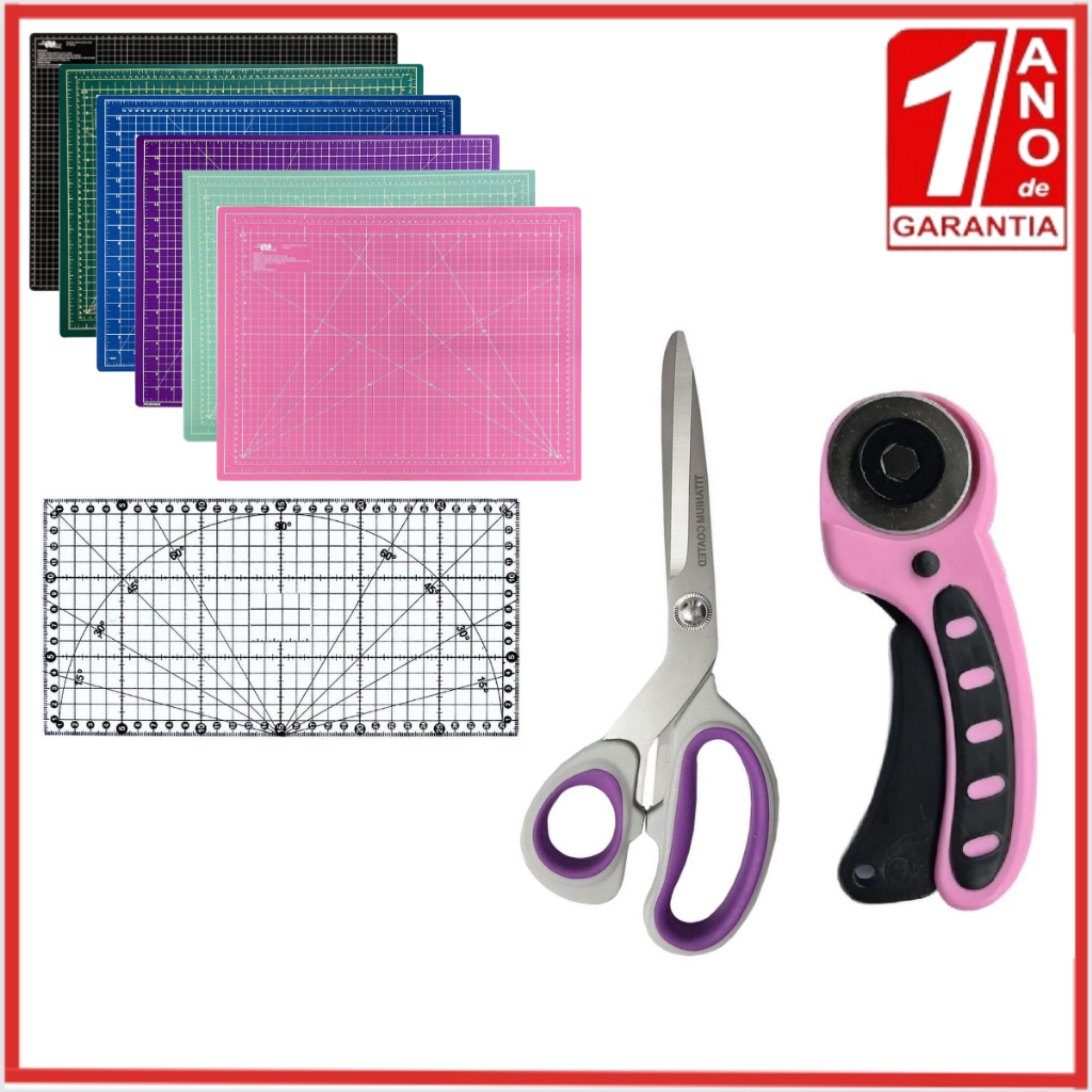 Kit Patchwork Base 22x30, 30x45, 60x45 ,90x60cm + Cortador 45mm + Régua 05x30cm , 05x60cm + Tesoura em Oferta na Shopee