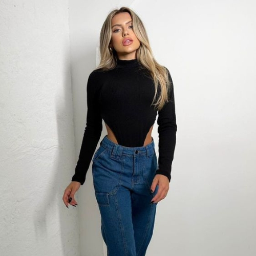 Body Collant Feminino Cavado Gola Alta Manga Longa Tendência Moda Blogueira