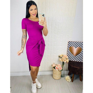 VESTIDO MIDI DETALHE AMARRAR MANGA CURTA MODA EVANGELICA